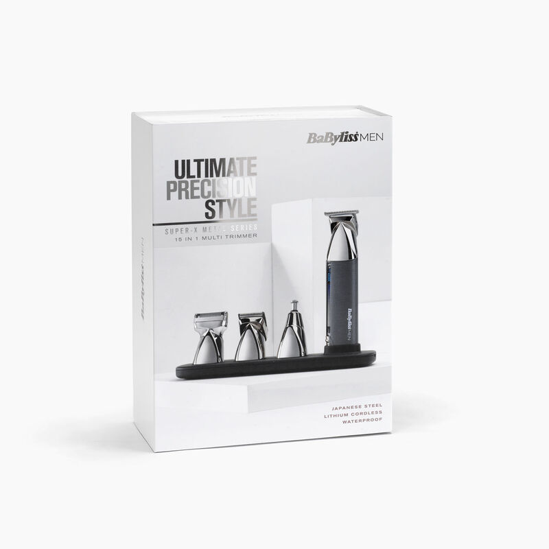 Tondeuse BaByliss Super-X Metal 15-en-1 vue rapprochée premium avec accessoires, autonomie longue durée et utilisation waterproof