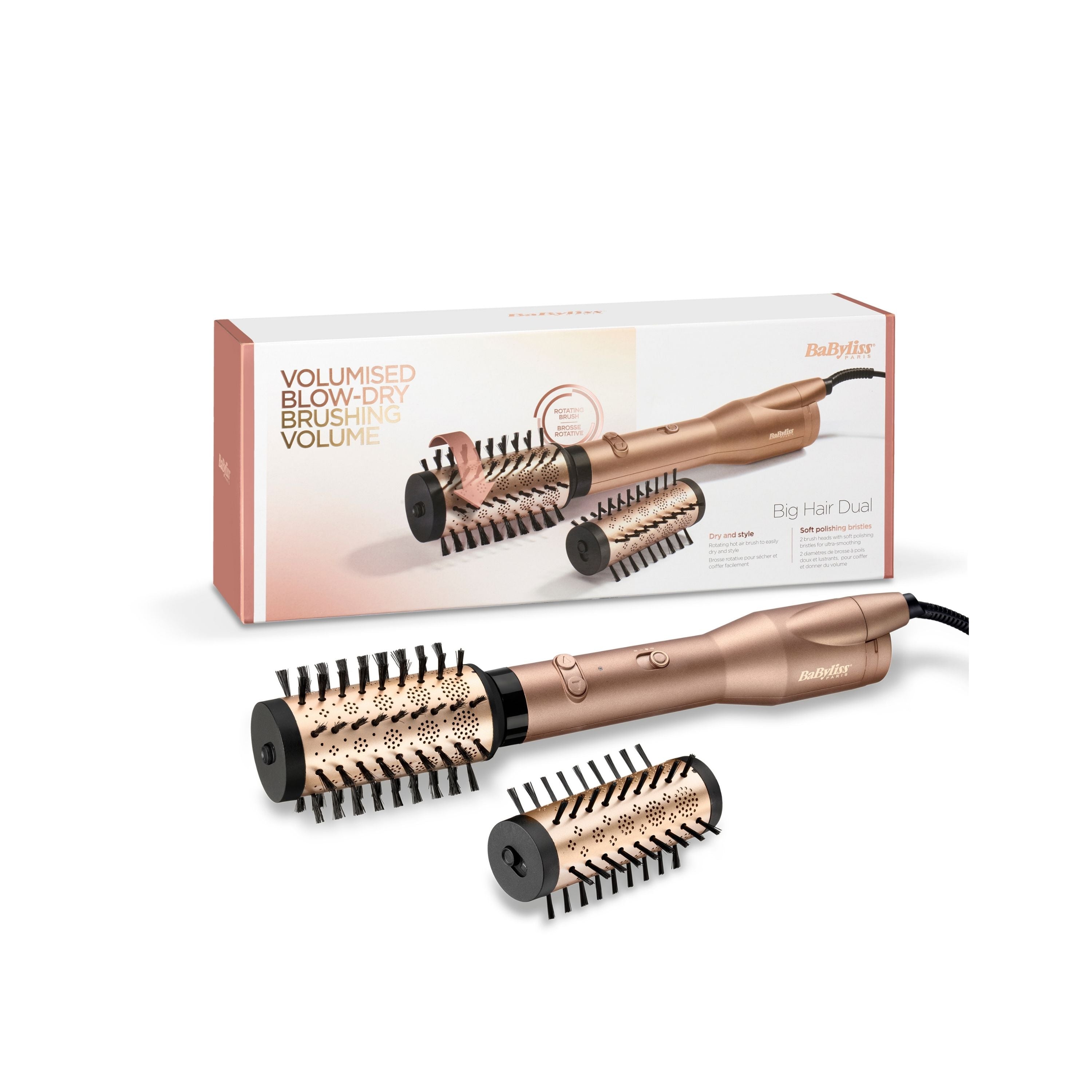 BaByliss Big Hair Dual brosse soufflante rotative en gros plan, appareil coiffant avec double accessoire — disponible en Suisse