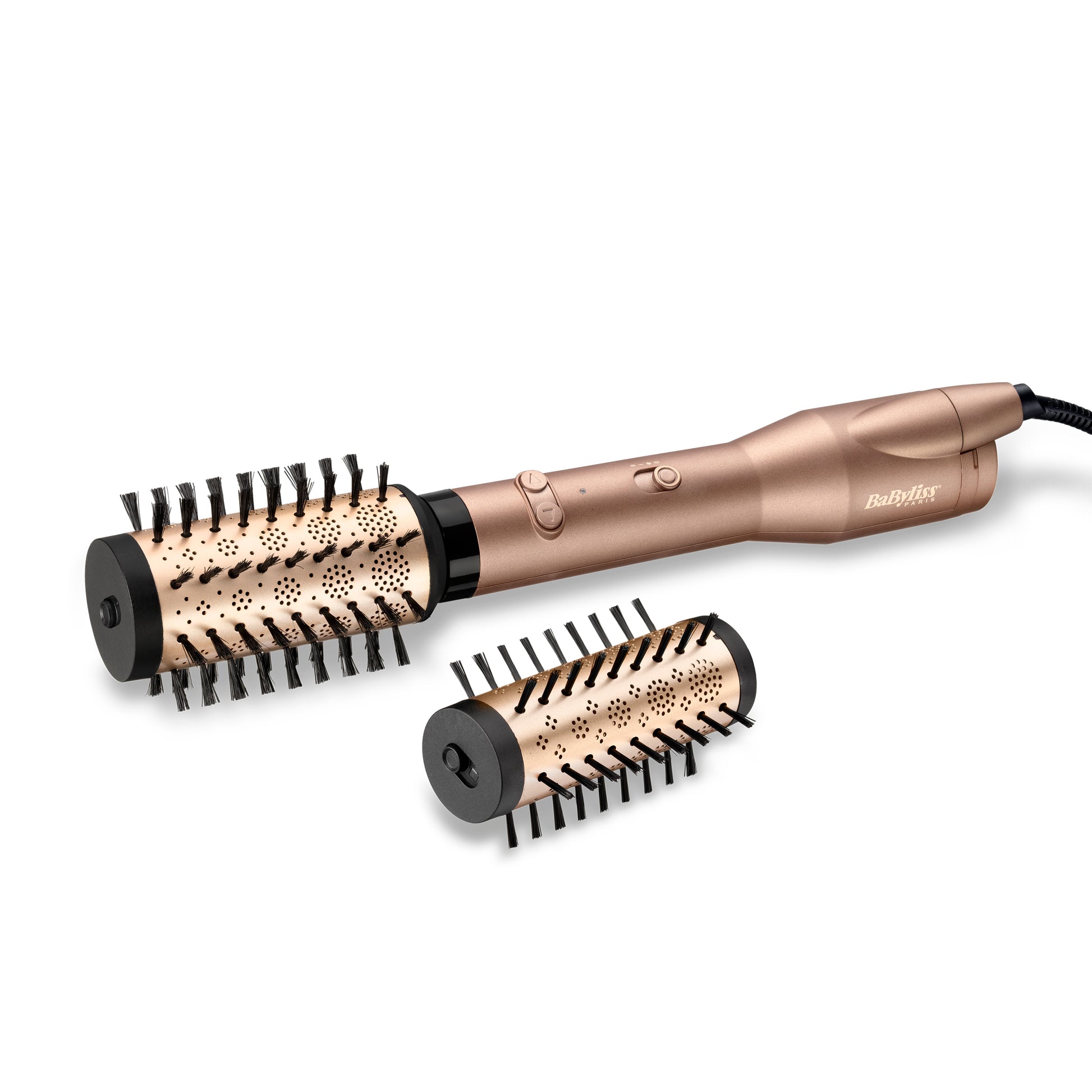 Brosse soufflante rotative BaByliss Big Hair Dual vue latérale détaillée, brosses 50 mm et 40 mm pour volume et mise en forme