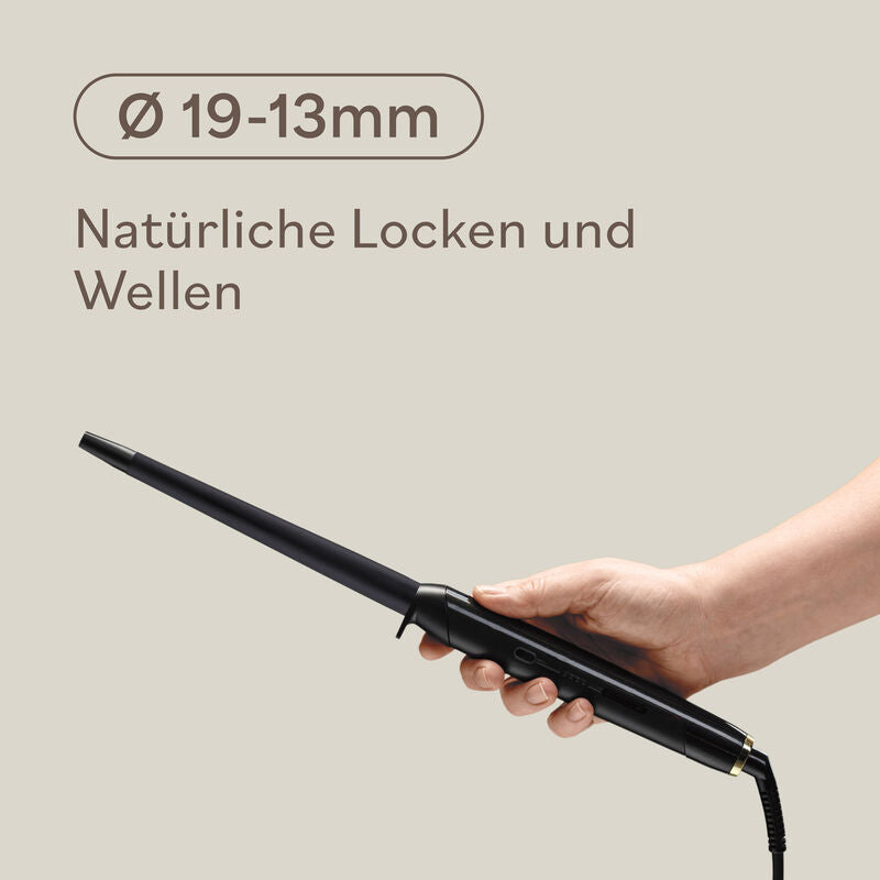 Fer à boucler conique BaBylissPRO 19–13 mm vue latérale détaillée, forme conique pour un coiffage fluide et naturel