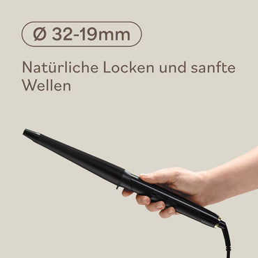 Fer à boucler conique BaBylissPRO 32–19 mm vue latérale détaillée, forme conique pour un effet wavy fluide