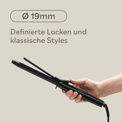 Fer à boucler BaBylissPRO 19 mm vue latérale détaillée, surface lisse pour une glisse fluide et homogène