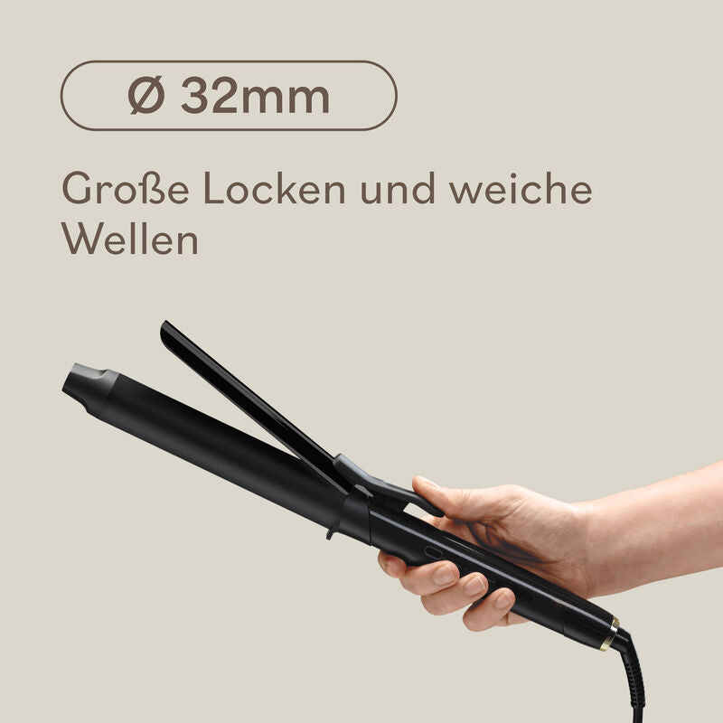 Fer à boucler BaBylissPRO 32 mm vue latérale détaillée, surface lisse pour une glisse fluide et uniforme