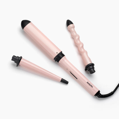 Fer à boucler BaByliss Curl & Wave Trio vue latérale détaillée, embouts torsadé, conique et ovale pour styles variés