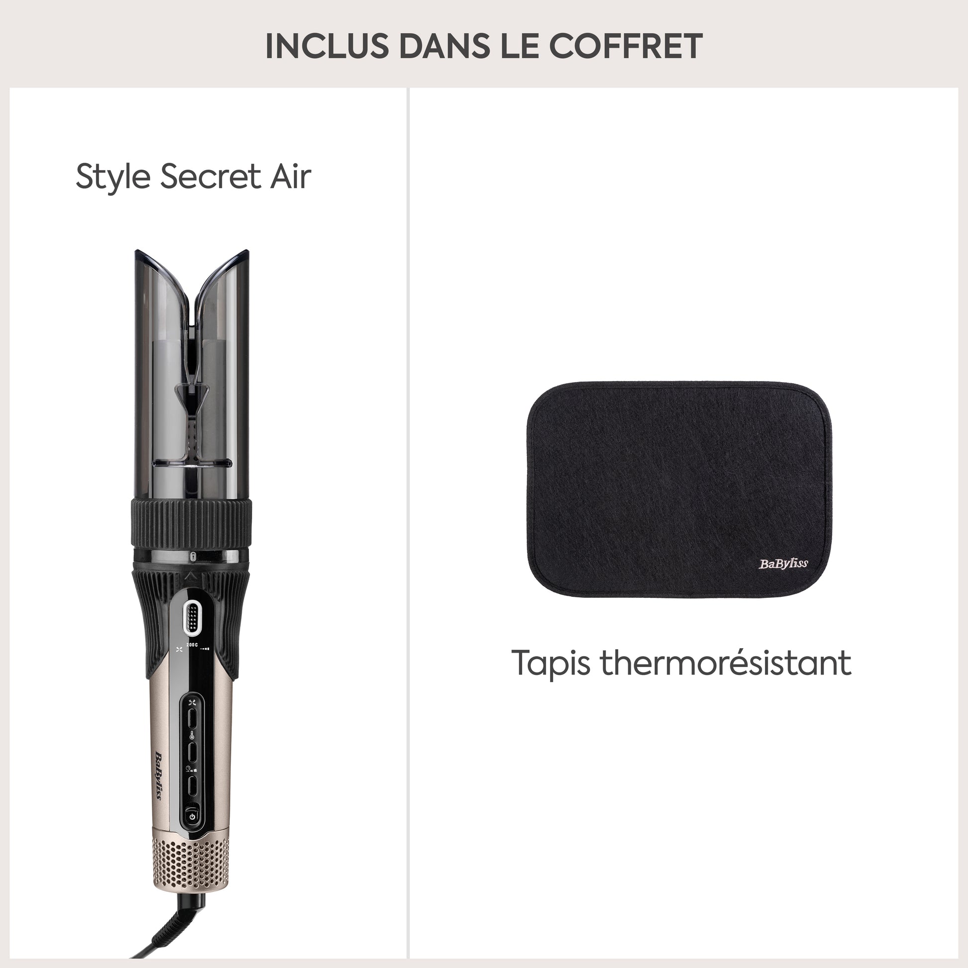 BaByliss Style Secret Air avec technologie Auto-Curl, chaleur contrôlée et diffusion d'air protectrice plus tapis thermorésistant.