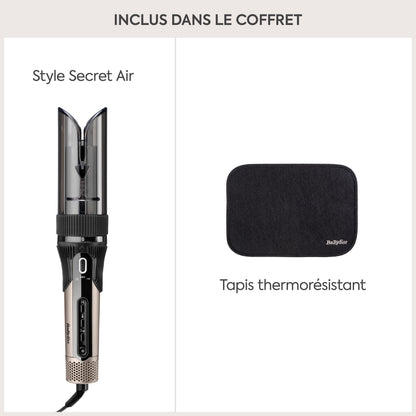 BaByliss Style Secret Air avec technologie Auto-Curl, chaleur contrôlée et diffusion d'air protectrice plus tapis thermorésistant.