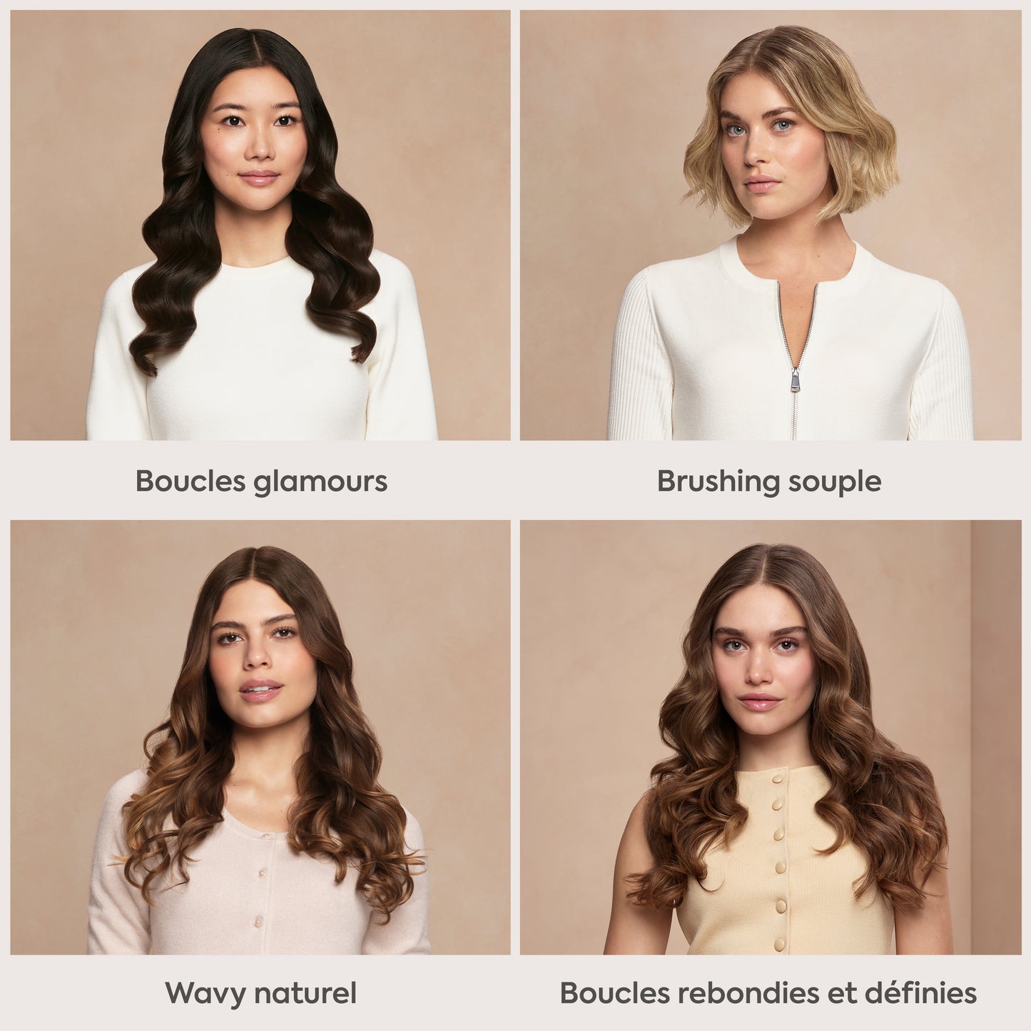 Les quatre styles réalisables avec le BaByliss Style Secret Air : boucles glamour, brushing souple, wavy naturel et boucles définies.