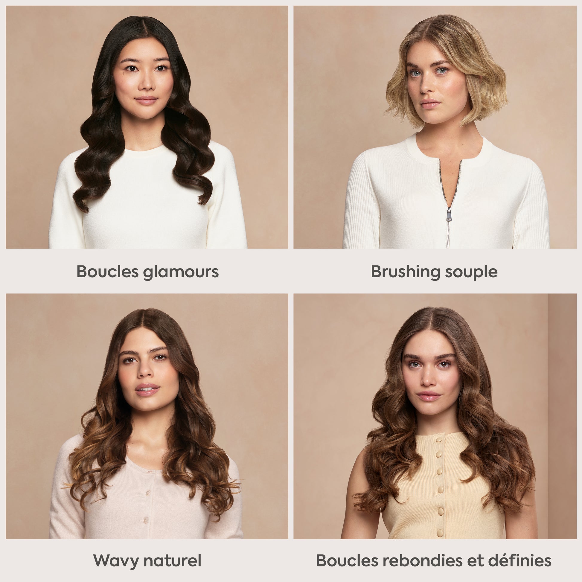 Les quatre styles réalisables avec le BaByliss Style Secret Air : boucles glamour, brushing souple, wavy naturel et boucles définies.