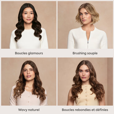 Les quatre styles réalisables avec le BaByliss Style Secret Air : boucles glamour, brushing souple, wavy naturel et boucles définies.