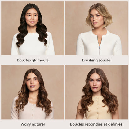 Les quatre styles réalisables avec le BaByliss Style Secret Air : boucles glamour, brushing souple, wavy naturel et boucles définies.