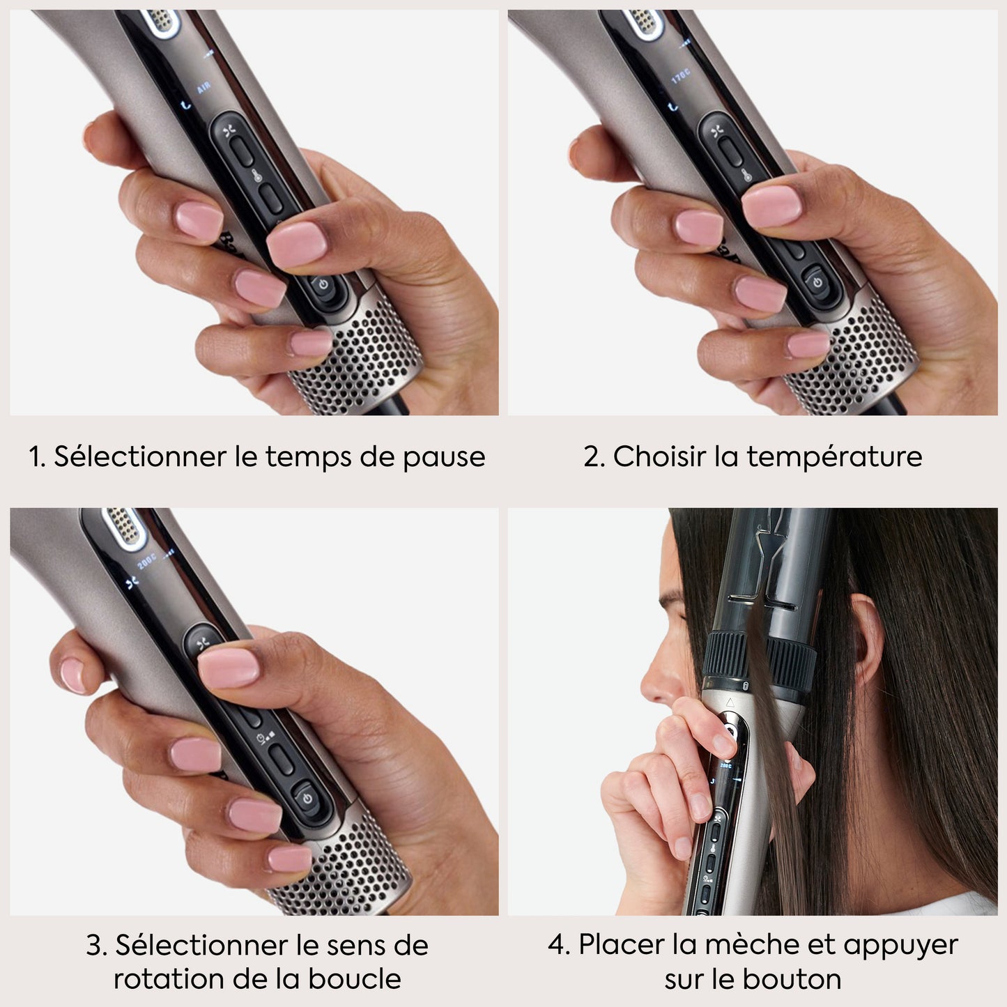 Guide d'utilisation du BaByliss Style Secret Air montrant les réglages de température, de temps et le coiffage automatique.
