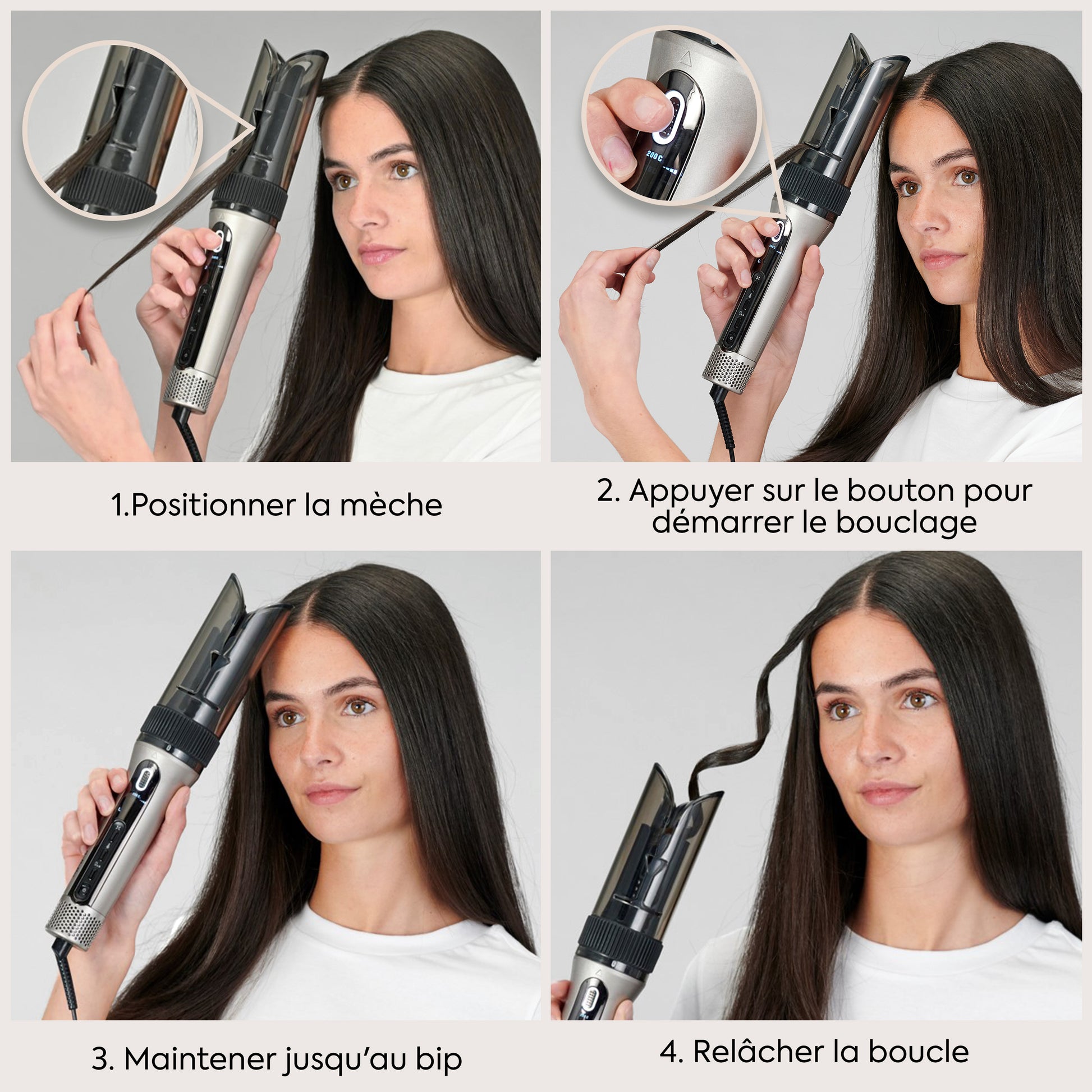 Tutoriel du boucleur automatique BaByliss Style Secret Air avec sélection des réglages et création de boucles.