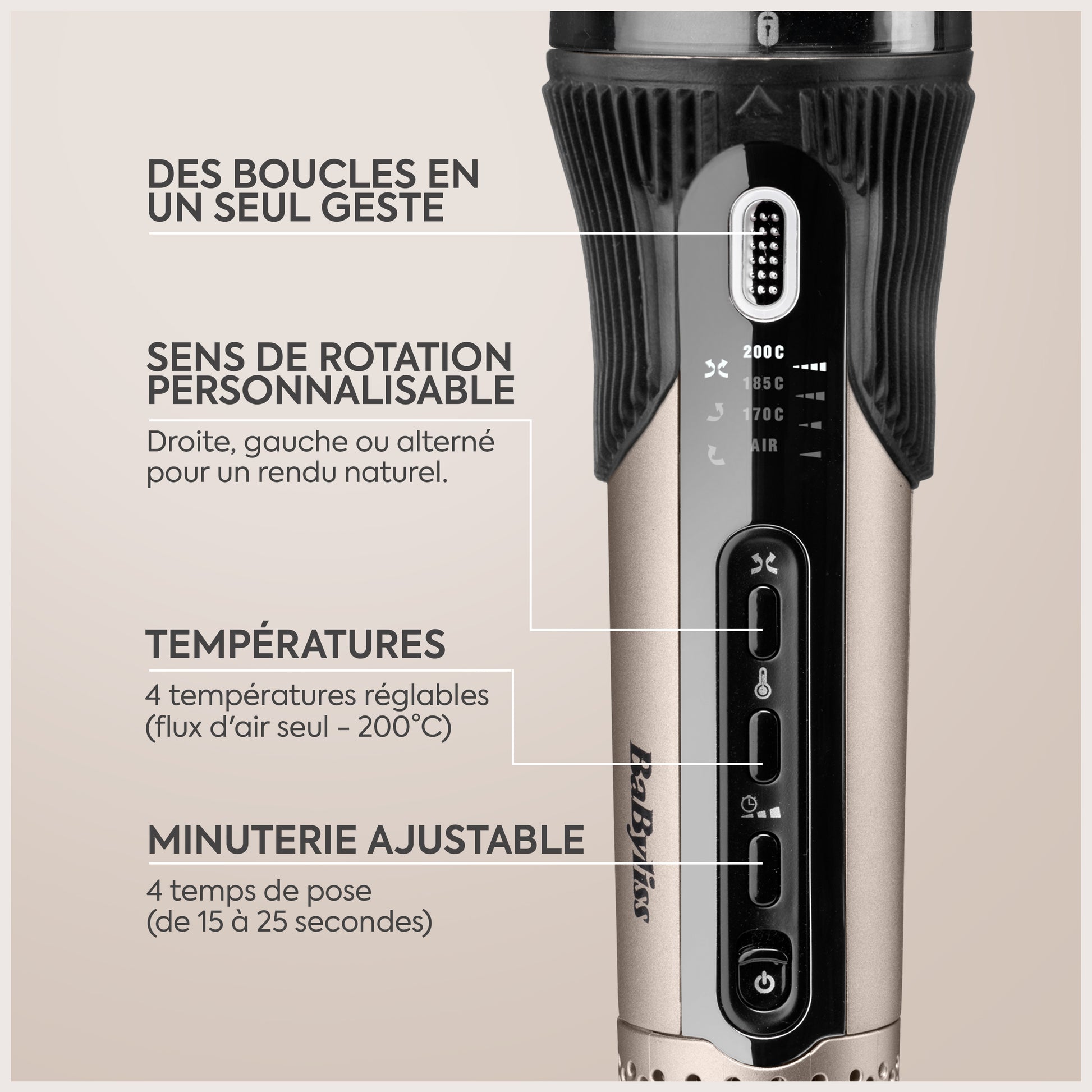 Différents résultats obtenus avec le boucleur automatique BaByliss Style Secret Air selon les réglages.