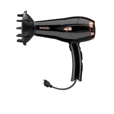 Sèche-cheveux BaByliss Cordkeeper 2000 vue latérale détaillée, moteur 2000W et flux d’air puissant avec technologie ionique
