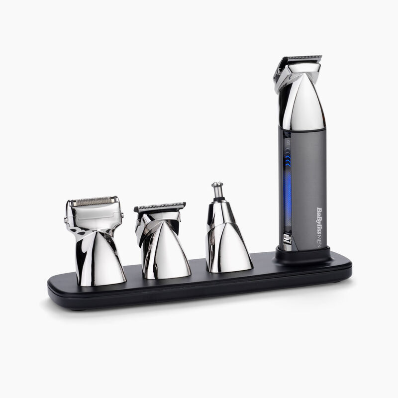 Tondeuse BaByliss Super-X Metal 15-en-1 vue rapprochée premium avec accessoires, autonomie longue durée et utilisation waterproof